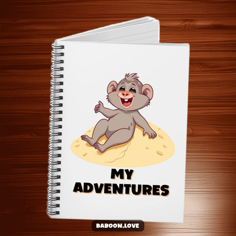 Funny notebook featuring a giggling baboon sliding down a sandy dune, ideal for notes, stories, and desert-themed doodles.