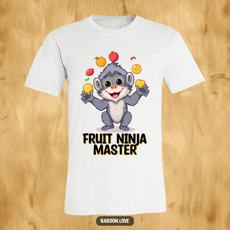 Funny t-shirt showcasing a cheerful baboon in mid-air, expertly juggling a variety of colorful fruits with a delighted expression.