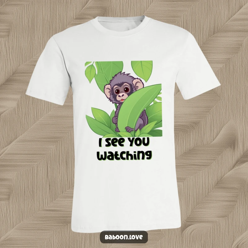 Funny T-Shirt: A curious baboon peeks around a lush jungle plant, showcasing playful intrigue and humor for a unique wearable.