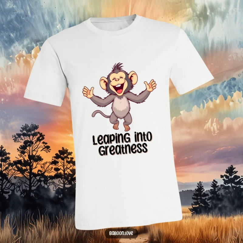 Funny T-Shirt: A playful baboon leaps joyfully with arms extended wide, expressing pure exuberance for a humorous wearable gift.