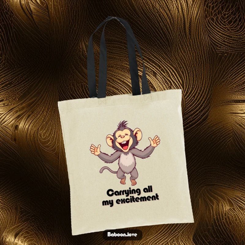 Funny Tote Bag: A playful baboon leaps with arms outstretched in a moment of pure, unadulterated joy for a humorous accessory.