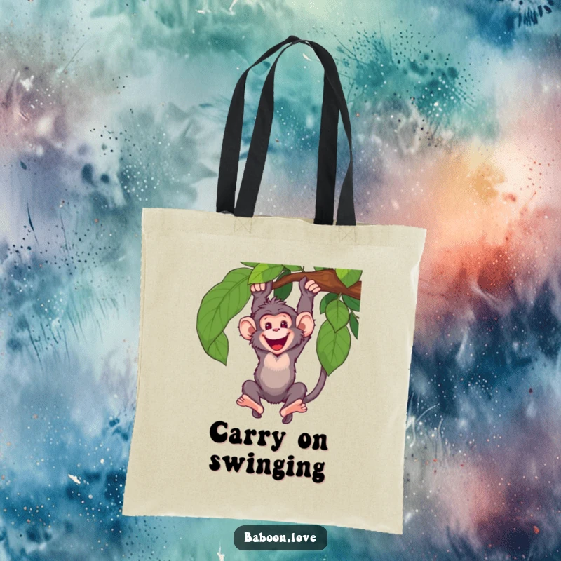 Funny Tote Bag: A happy baboon swings energetically from a vine, making a humorous and practical accessory for carrying essentials with flair.